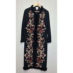 RARE Vtg Oscar De La Renta Floral Embroidered Wool Fur Long Cardigan Sweater‎ SM